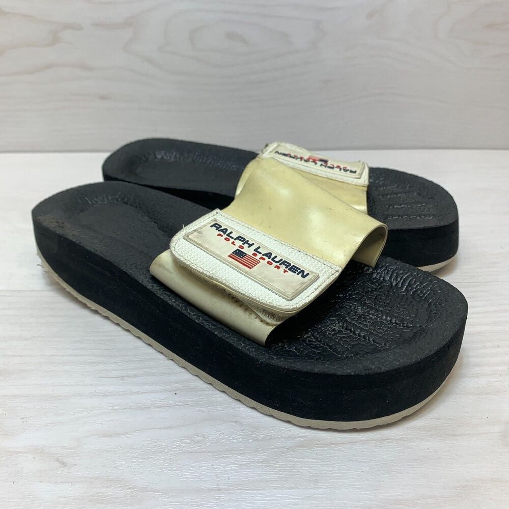 Ralph Lauren Polo Sport Slides Women's Size 7 White Black Casual Comfort Shoes